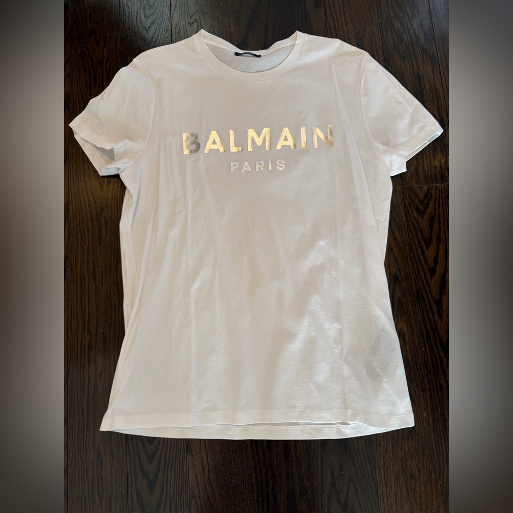 Balmain White Short-Sleeve Tee with Gold Logo